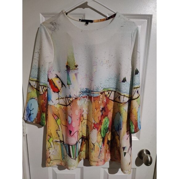 Lily London Abstract Outdoor Scene Art-To-Wear Relaxed Fit 3/4-Sleeve Top S - Picture 9 of 11